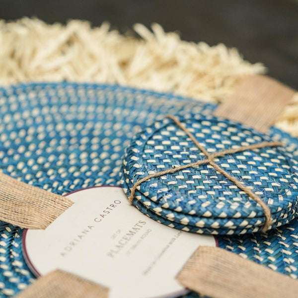 Zenu Placemat and Coaster Set, Blue/Natural, Set of 4