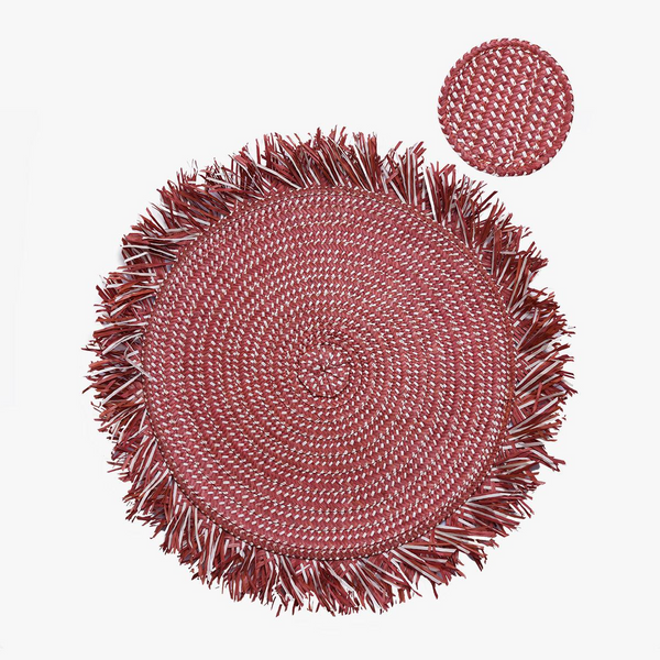 Zenu Placemat and Coaster Set, Burgundy/Natural, Set of 4
